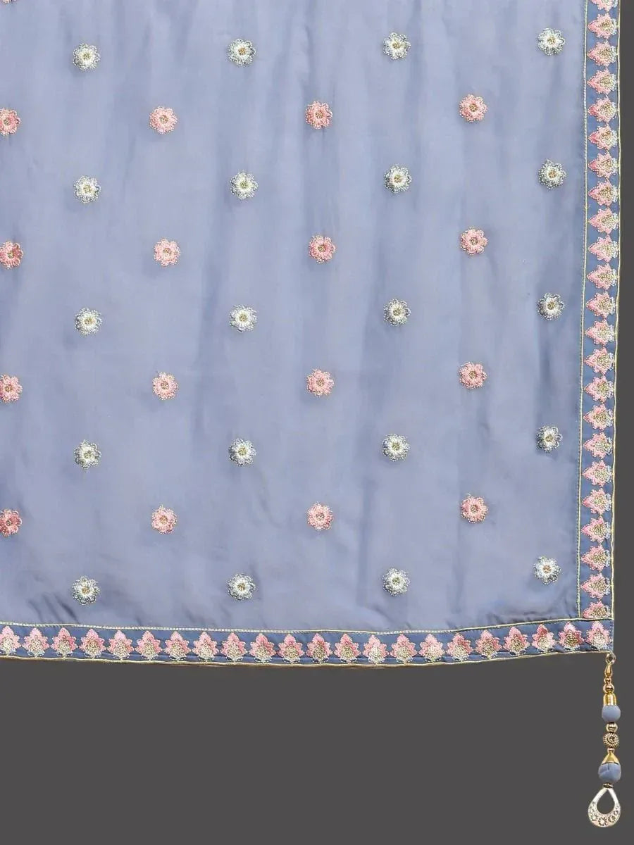 Light blue ethnic dupatta with pink and white floral embroidery and tassel border