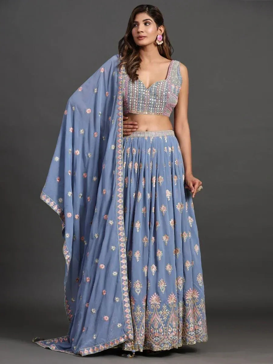 Blue embroidered lehenga choli with floral dupatta, Indian ethnic wear for weddings and parties