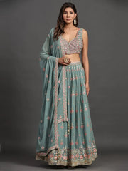 Alluring Sea Green Embroidered Georgette Marriage Wear Lehenga Choli