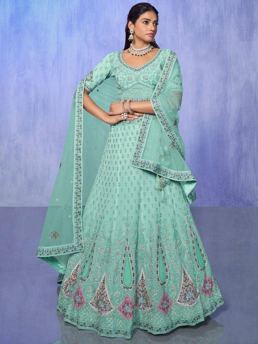 Mint green embroidered lehenga choli with dupatta, perfect for Indian weddings and festive occasions
