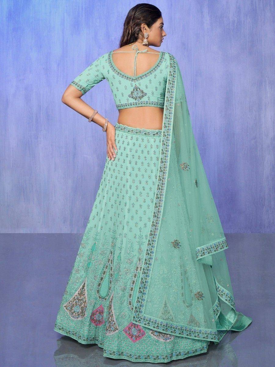 Mint green embroidered lehenga choli with back tie blouse and dupatta, Indian ethnic wear