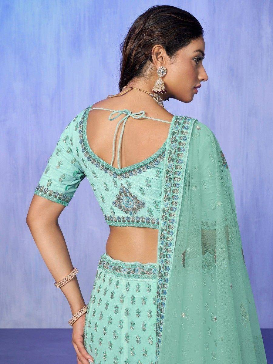 Mint green embroidered lehenga choli with back tie blouse and sheer dupatta, Indian ethnic wear