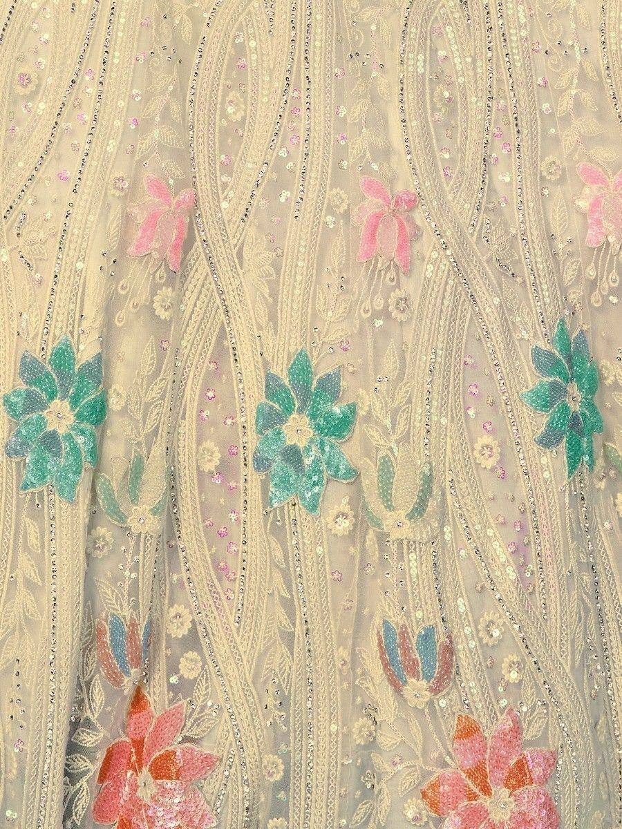Elegant ethnic wear fabric with floral sequin embroidery in pink, green, and gold tones