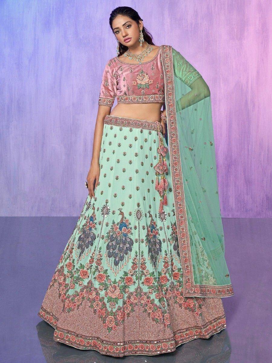 Mint green lehenga choli with floral peacock embroidery, perfect for Indian ethnic wear occasions