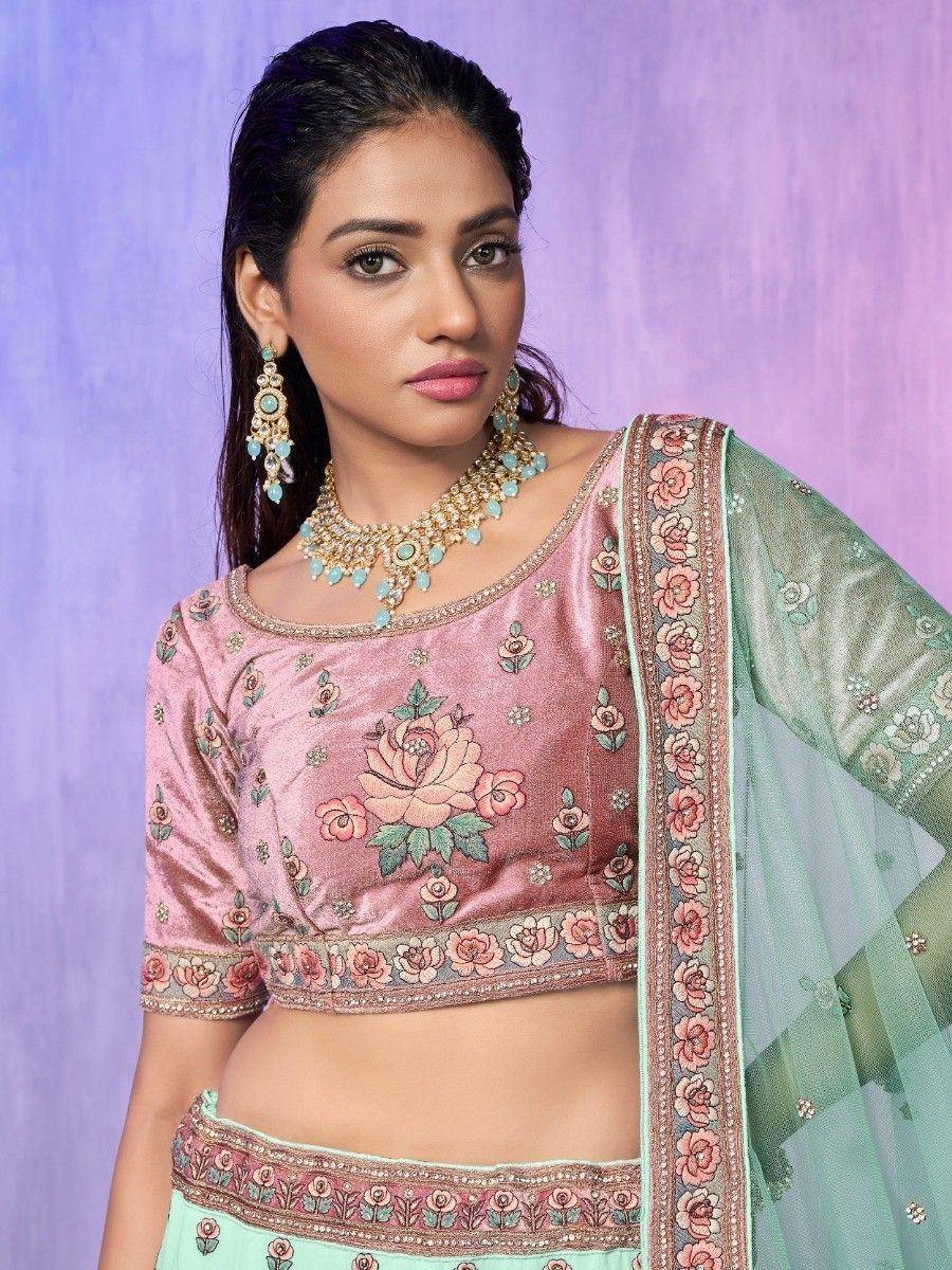 Pink floral embroidered blouse with mint green lehenga and dupatta, Indian ethnic wear