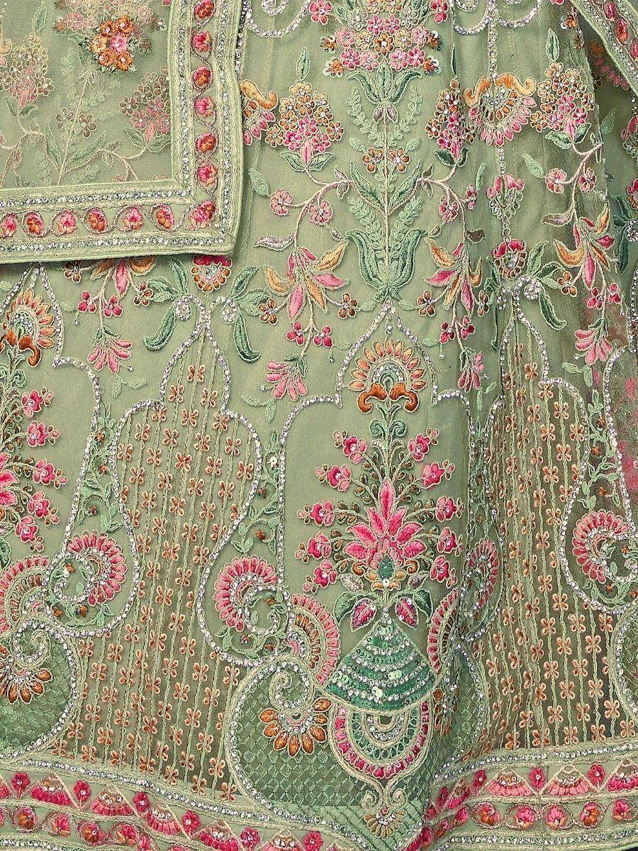 Mint green designer lehenga with pink floral embroidery and beadwork, ethnic Indian wear