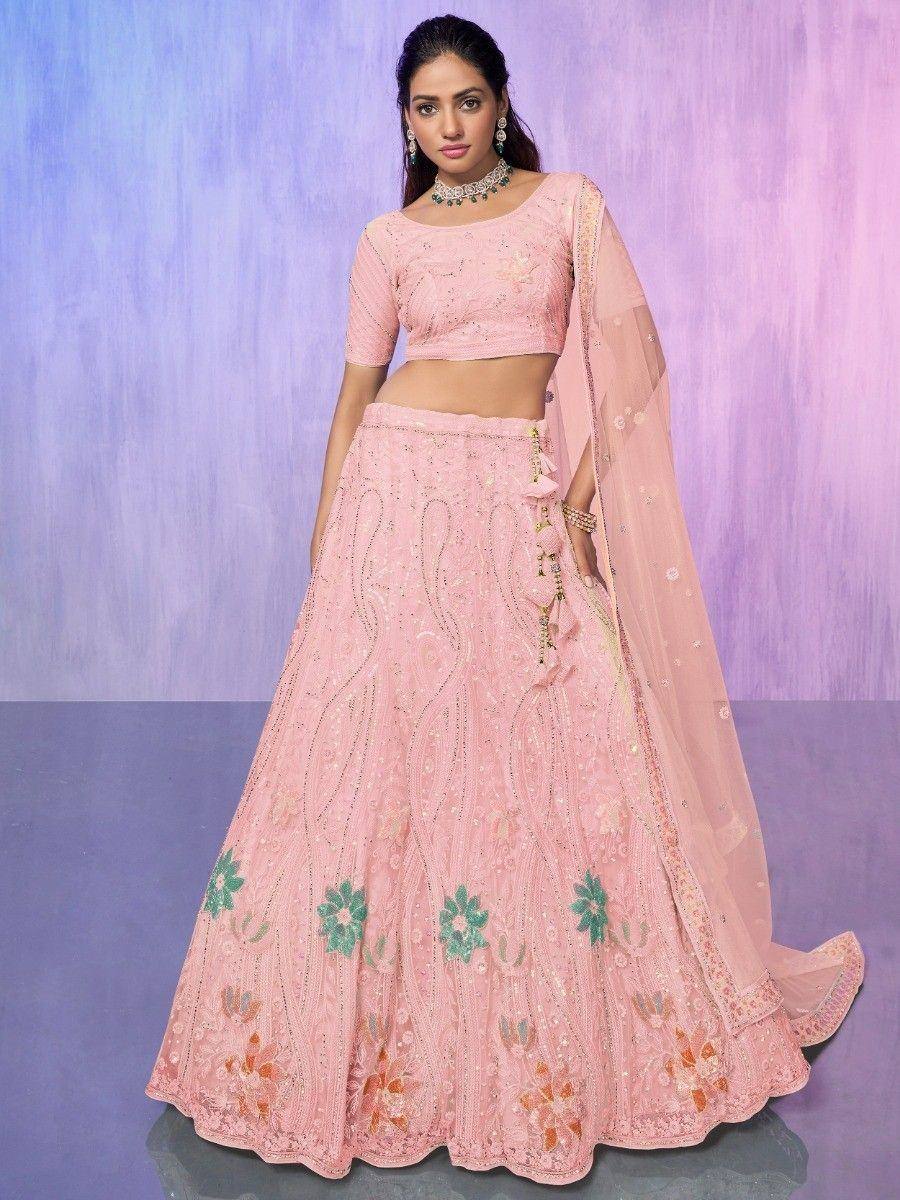 Pink embroidered lehenga choli with floral motifs and sheer dupatta, perfect for Indian ethnic occasions