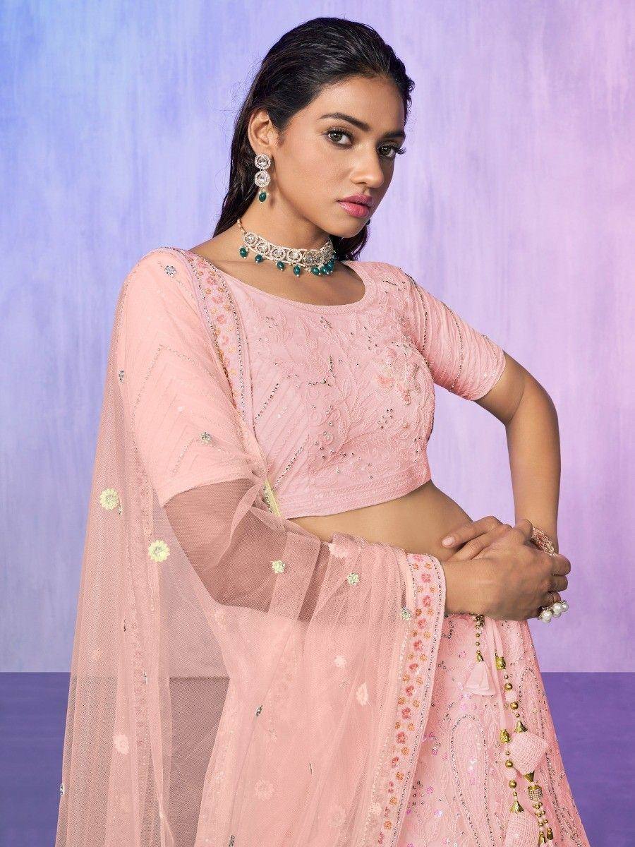 Pink embroidered lehenga choli with floral dupatta, perfect for Indian ethnic wear occasions