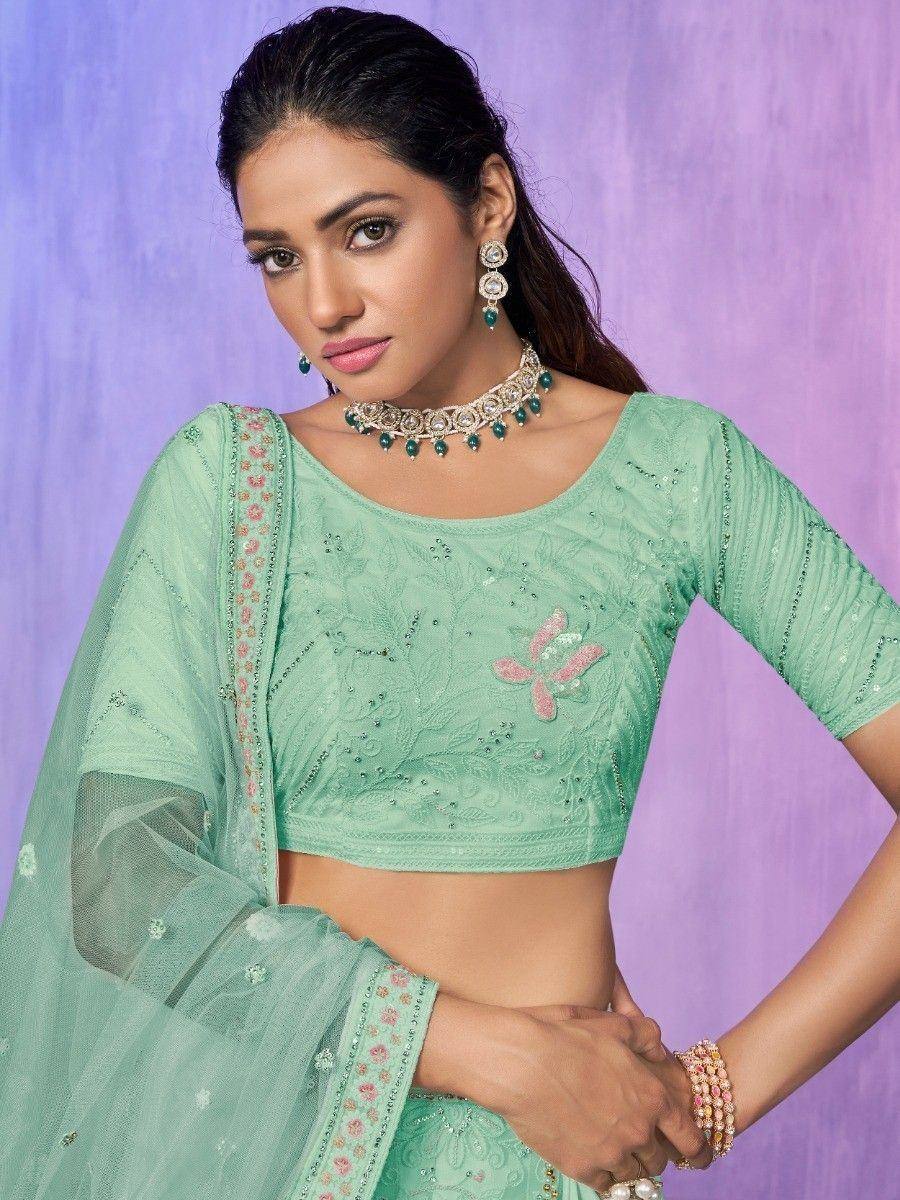 Mint green embroidered crop top with sheer dupatta, perfect for Indian ethnic wear occasions