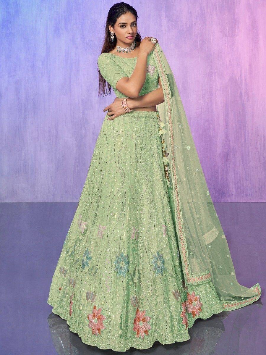 Mint green embroidered lehenga choli with floral motifs and matching dupatta for Indian ethnic wear