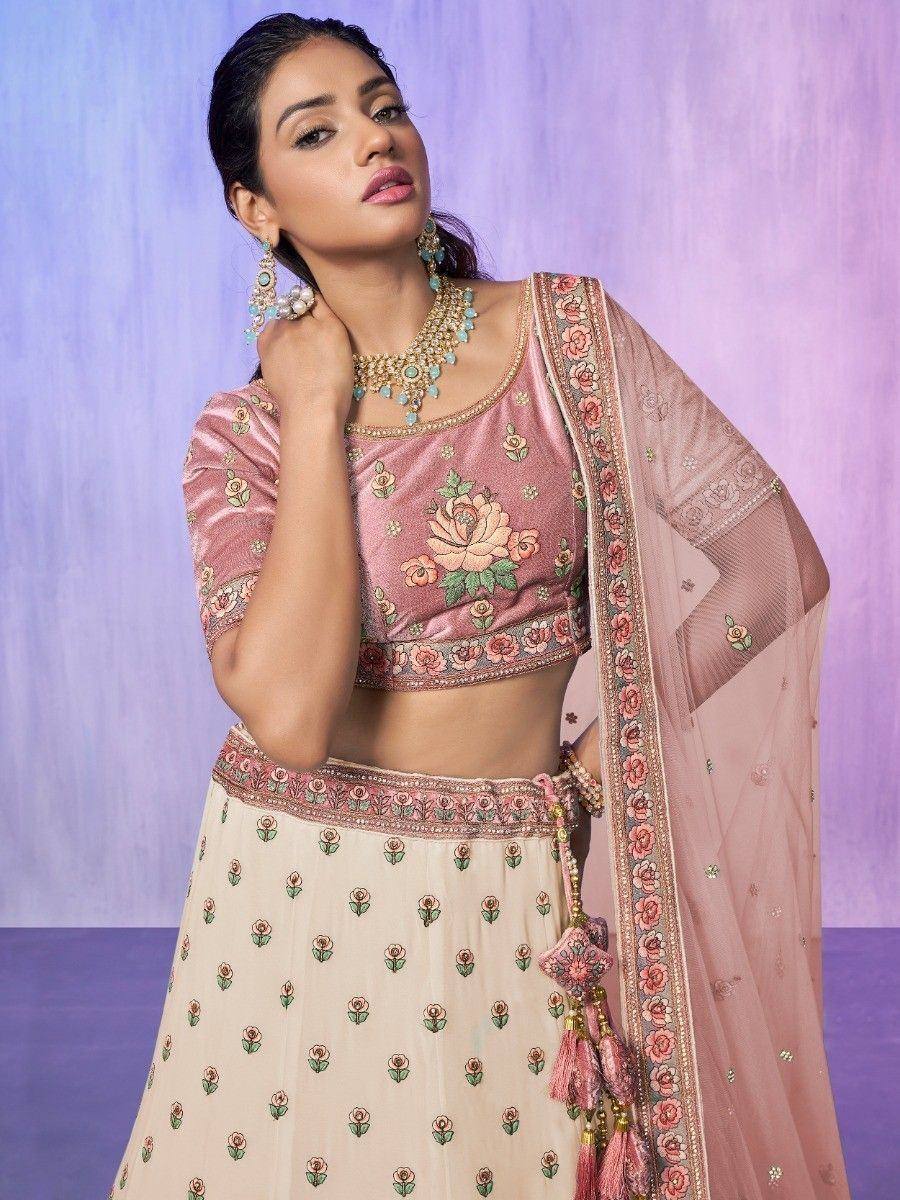 Pink floral embroidered lehenga choli with matching dupatta, perfect for Indian ethnic wear occasions