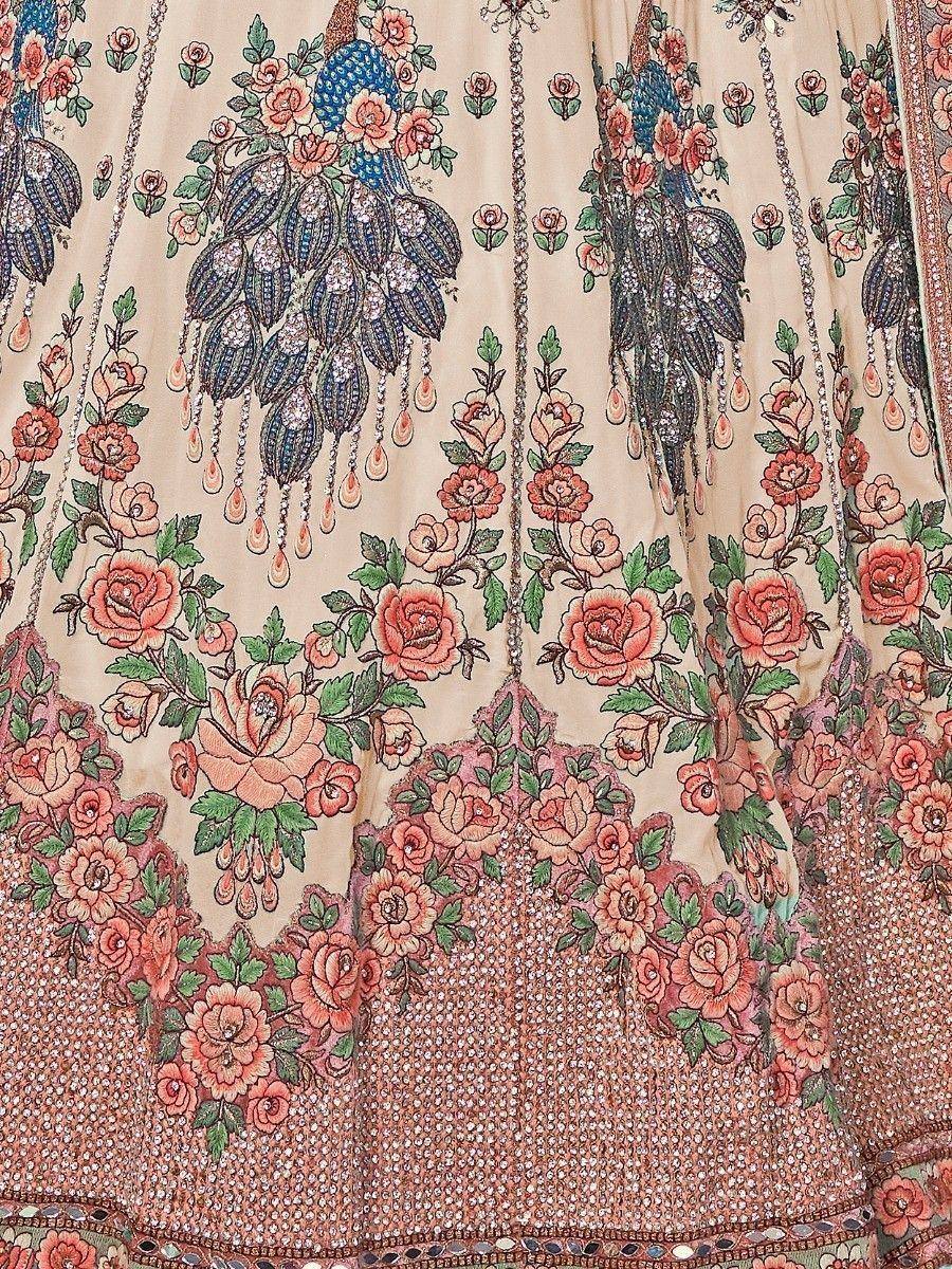 Floral and peacock embroidered lehenga choli with sequin detailing, perfect for Indian ethnic wear