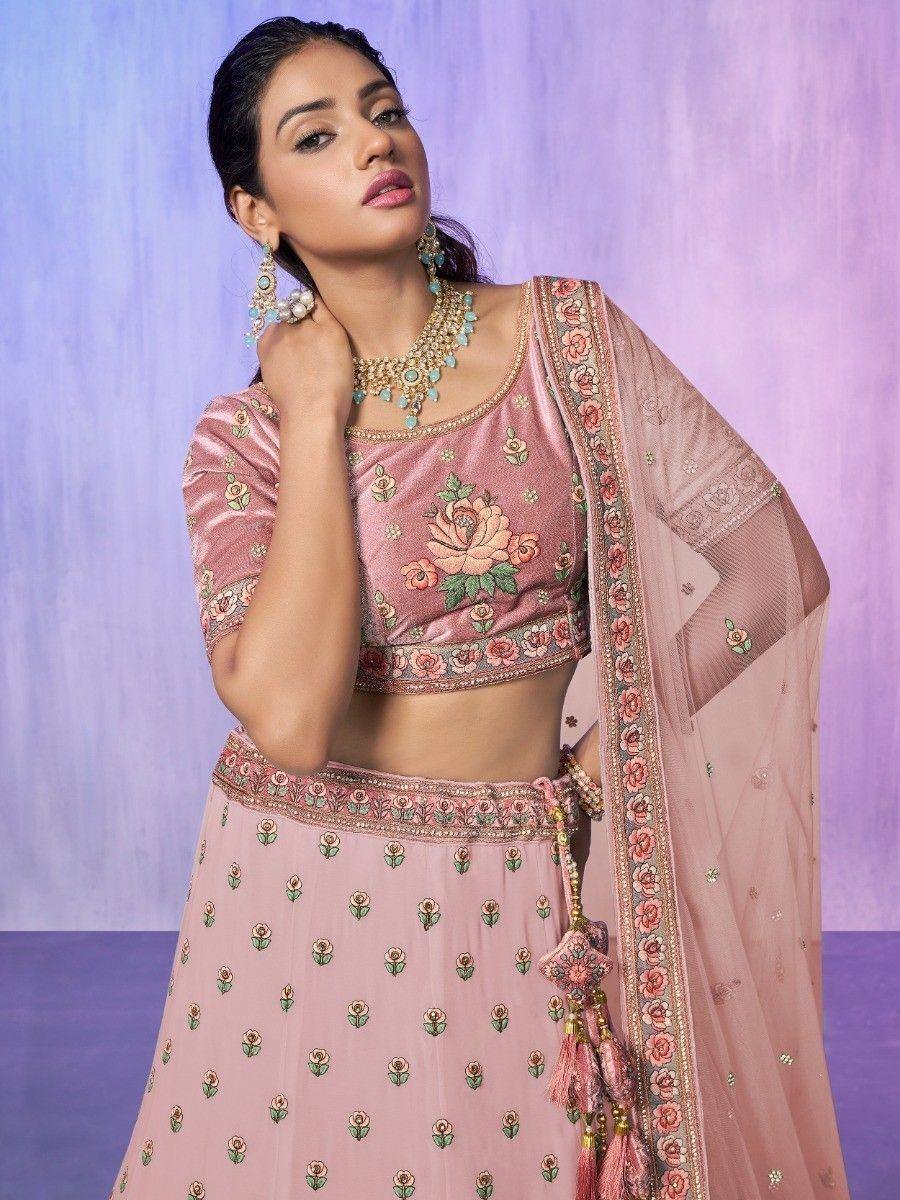Pink floral embroidered lehenga choli with matching dupatta, perfect for Indian ethnic occasions