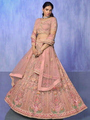 Pretty Peach Embroidered Net Designer Lehenga Choli With Dupatta