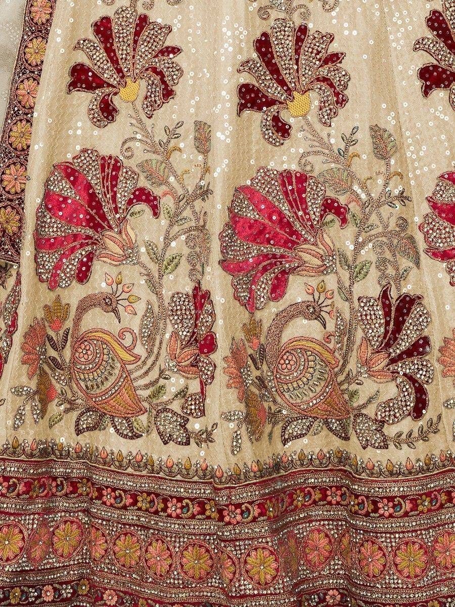 Embroidered lehenga with peacock and floral motifs, sequin detailing, ethnic Indian wear