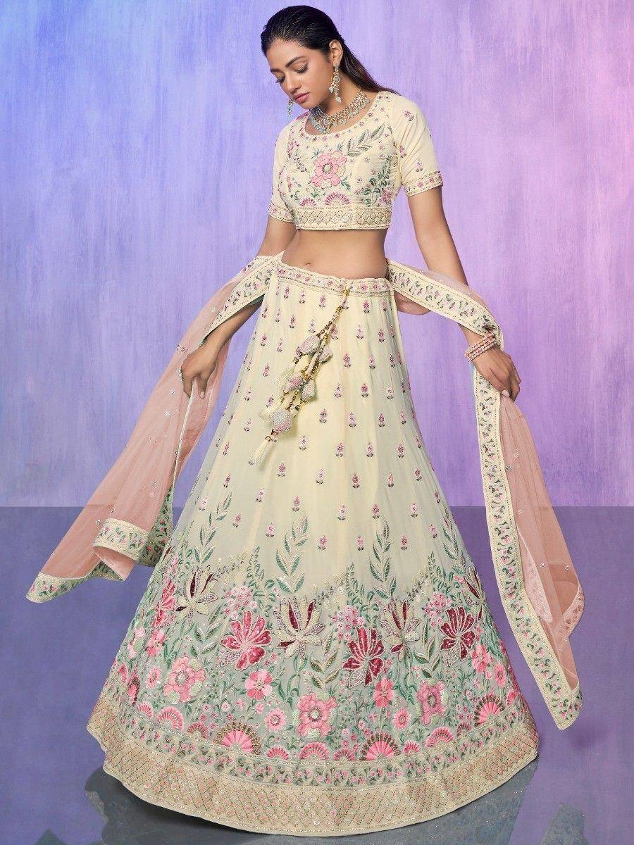 Cream floral embroidered lehenga choli with pink dupatta, Indian ethnic wear for weddings and festivals