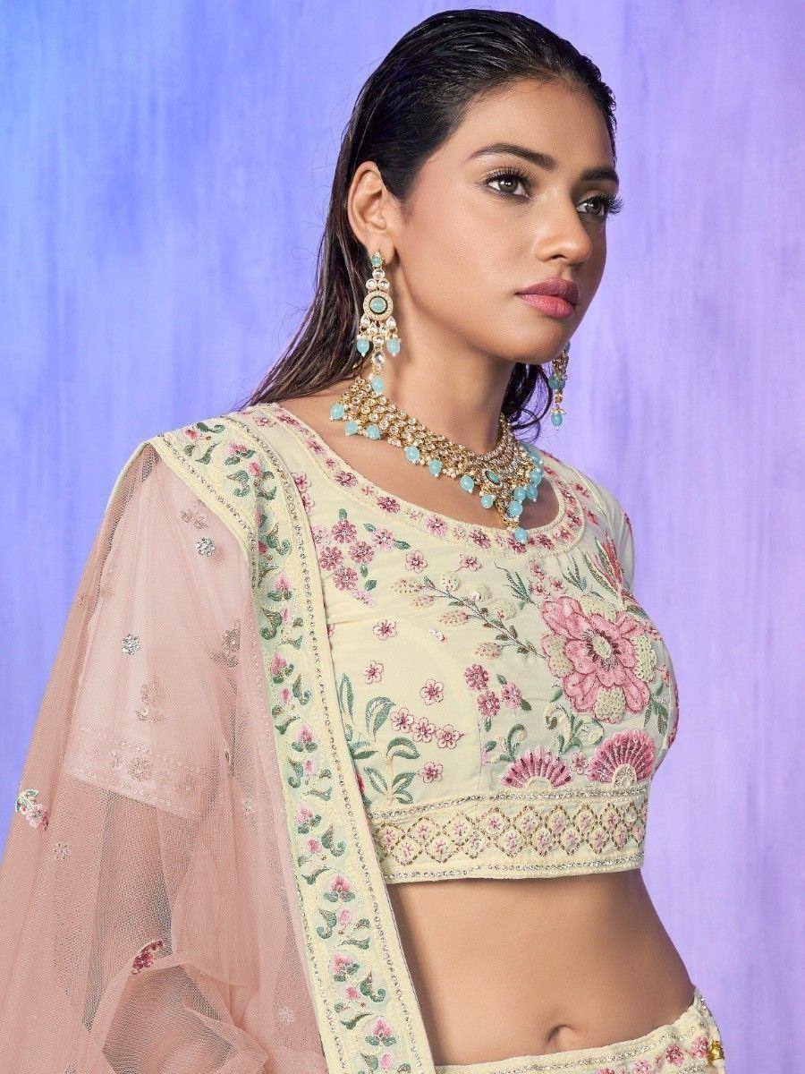 Floral embroidered lehenga choli with pastel dupatta, perfect for Indian ethnic wear occasions