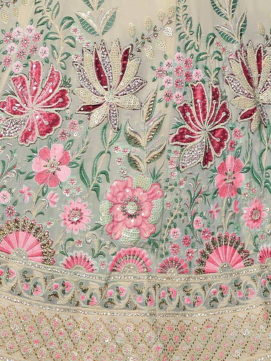 Floral embroidered lehenga with pink and green sequin work, perfect for Indian ethnic wear