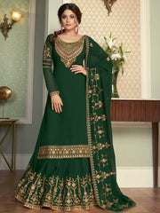 Desirable Green Silk Floral Embroidered Mehendi Wear Suit With Lehenga