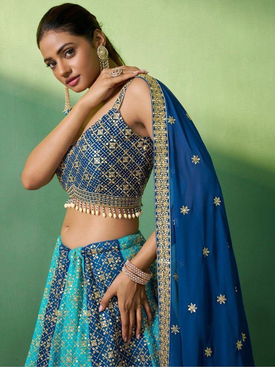 Blue and teal embroidered lehenga choli with gold detailing and dupatta, Indian ethnic wear