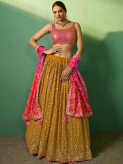 Lovely Mustard Sequins Georgette Haldi Wear Lehenga Choli