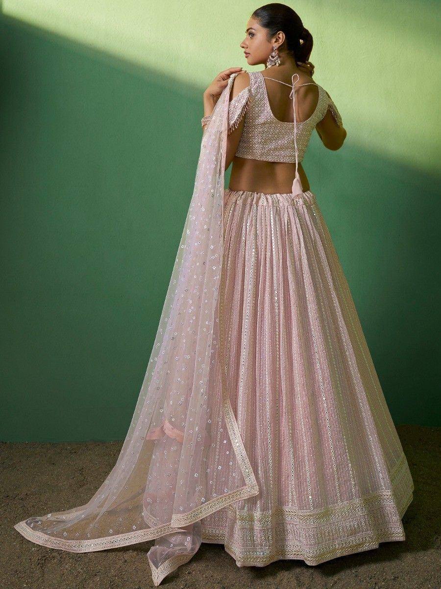 Pink embroidered lehenga choli with sheer dupatta, designer ethnic wear for women