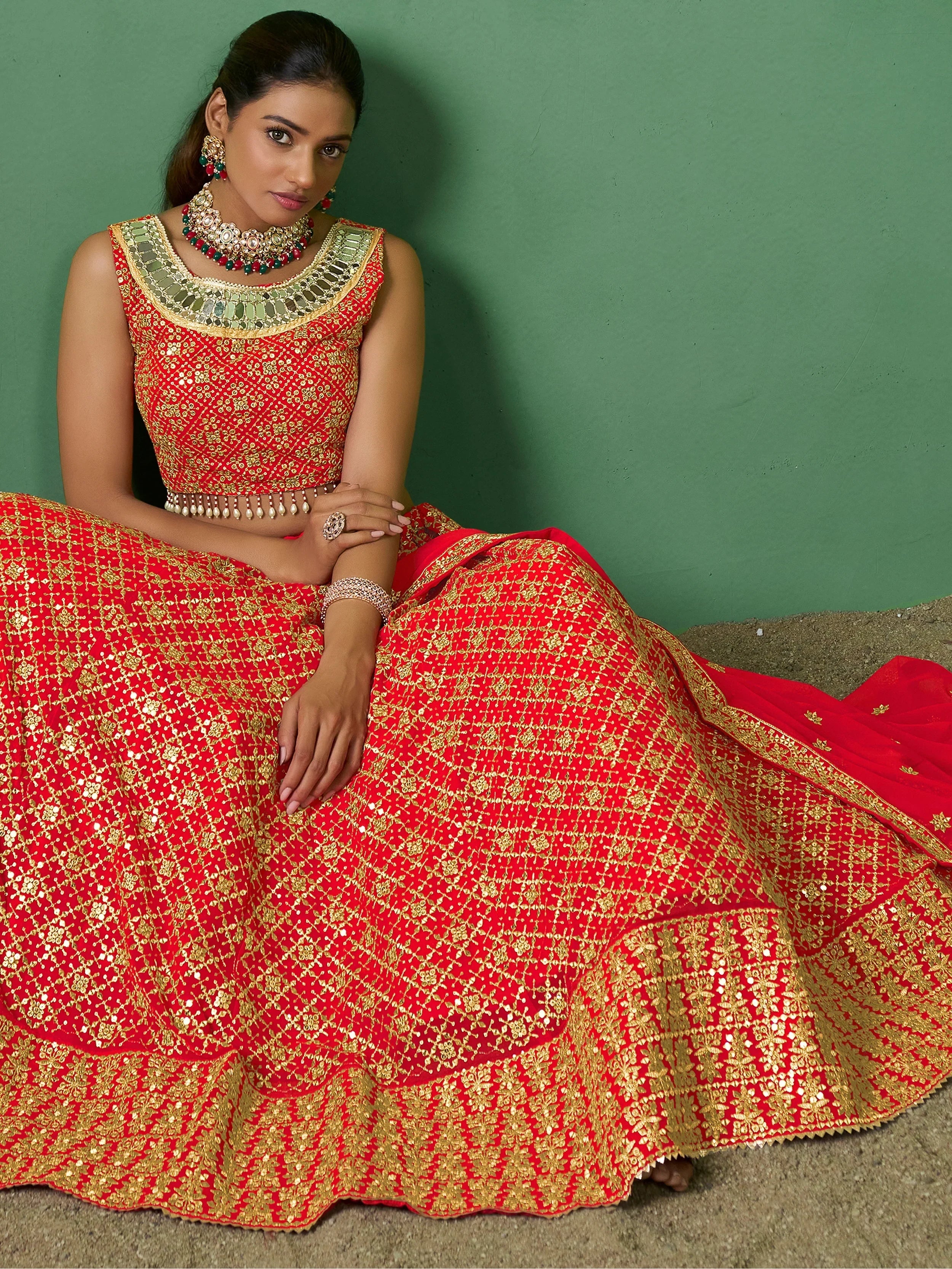 Sweet Red Embroidered Georgette Wedding Lehenga Choli With Dupatta