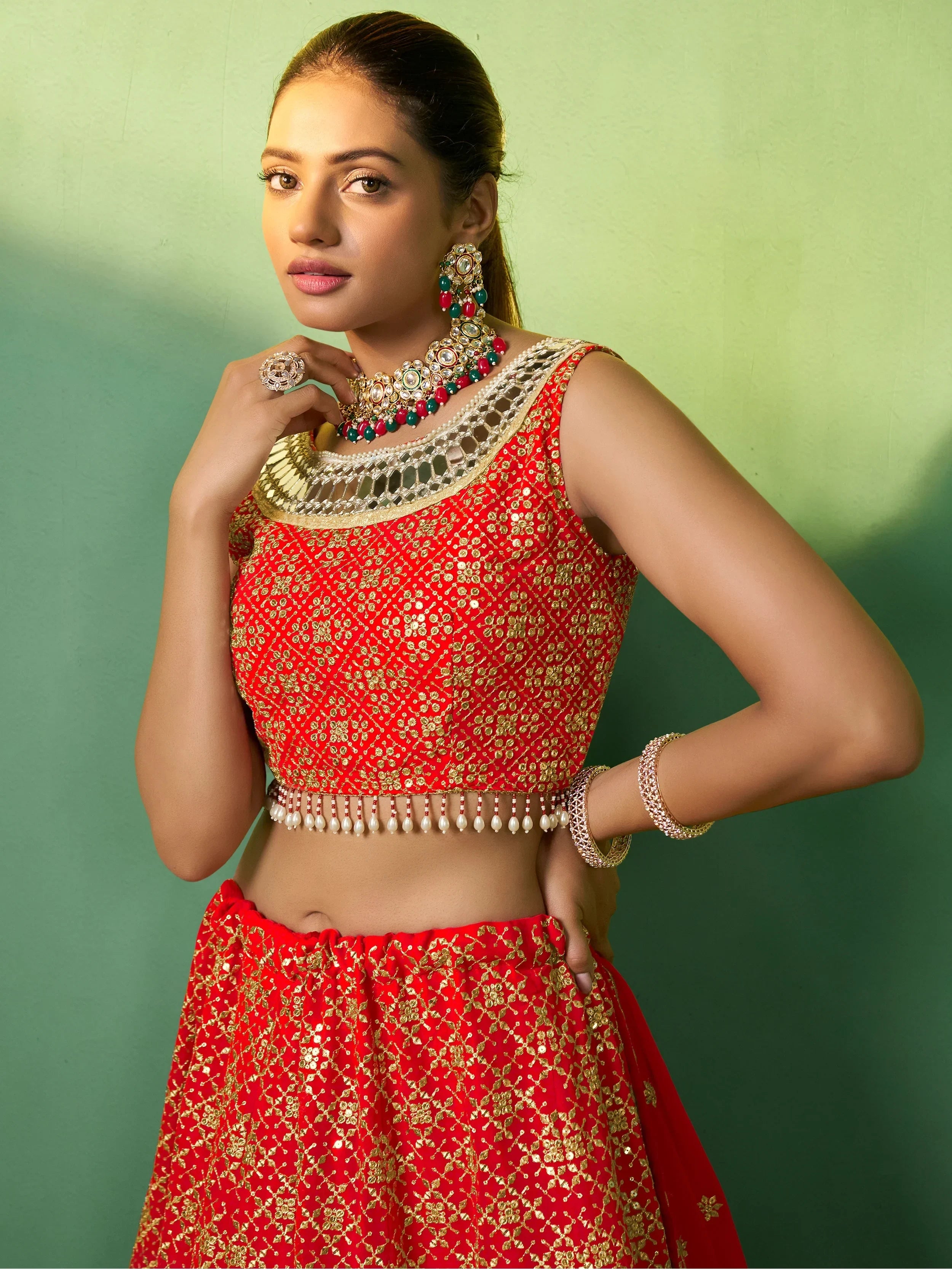 Sweet Red Embroidered Georgette Wedding Lehenga Choli With Dupatta