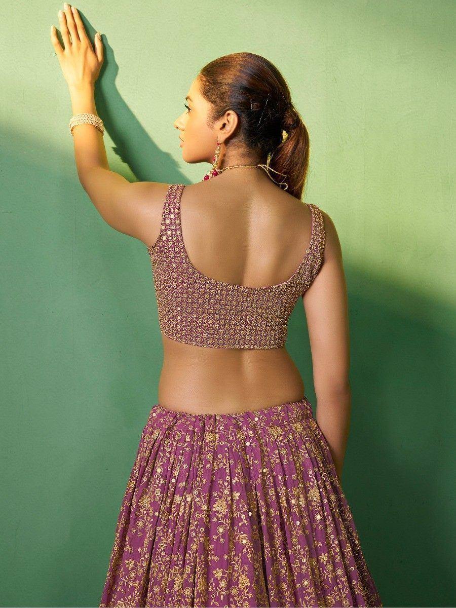 Purple floral lehenga choli with open back design, ethnic wear for women
