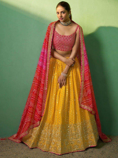 Alluring Yellow Sequins Georgette Haldi Wear Lehenga Choli With Dupatta