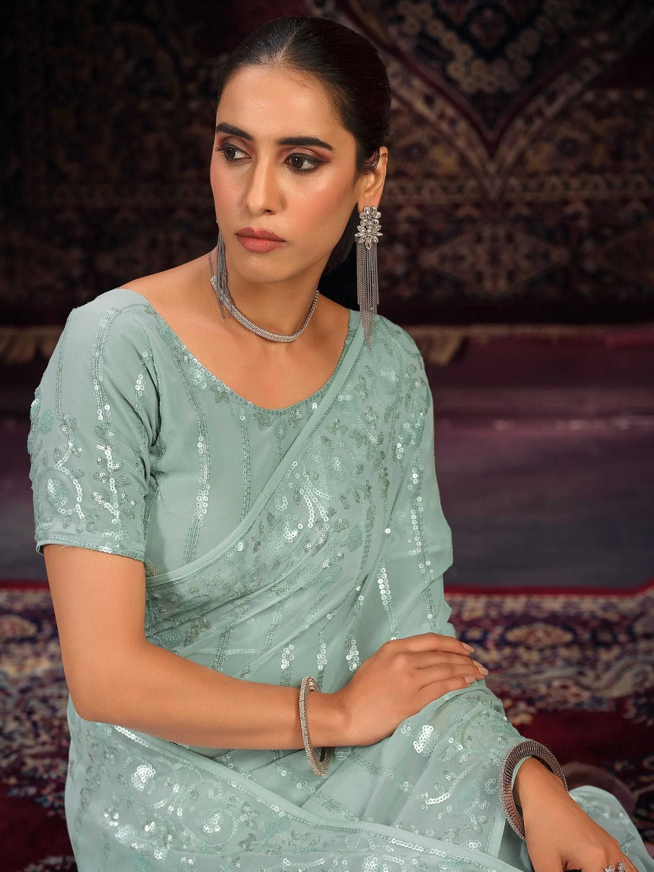 Precious Sea Green Sequins Georgette Party Wear Saree With Blouse