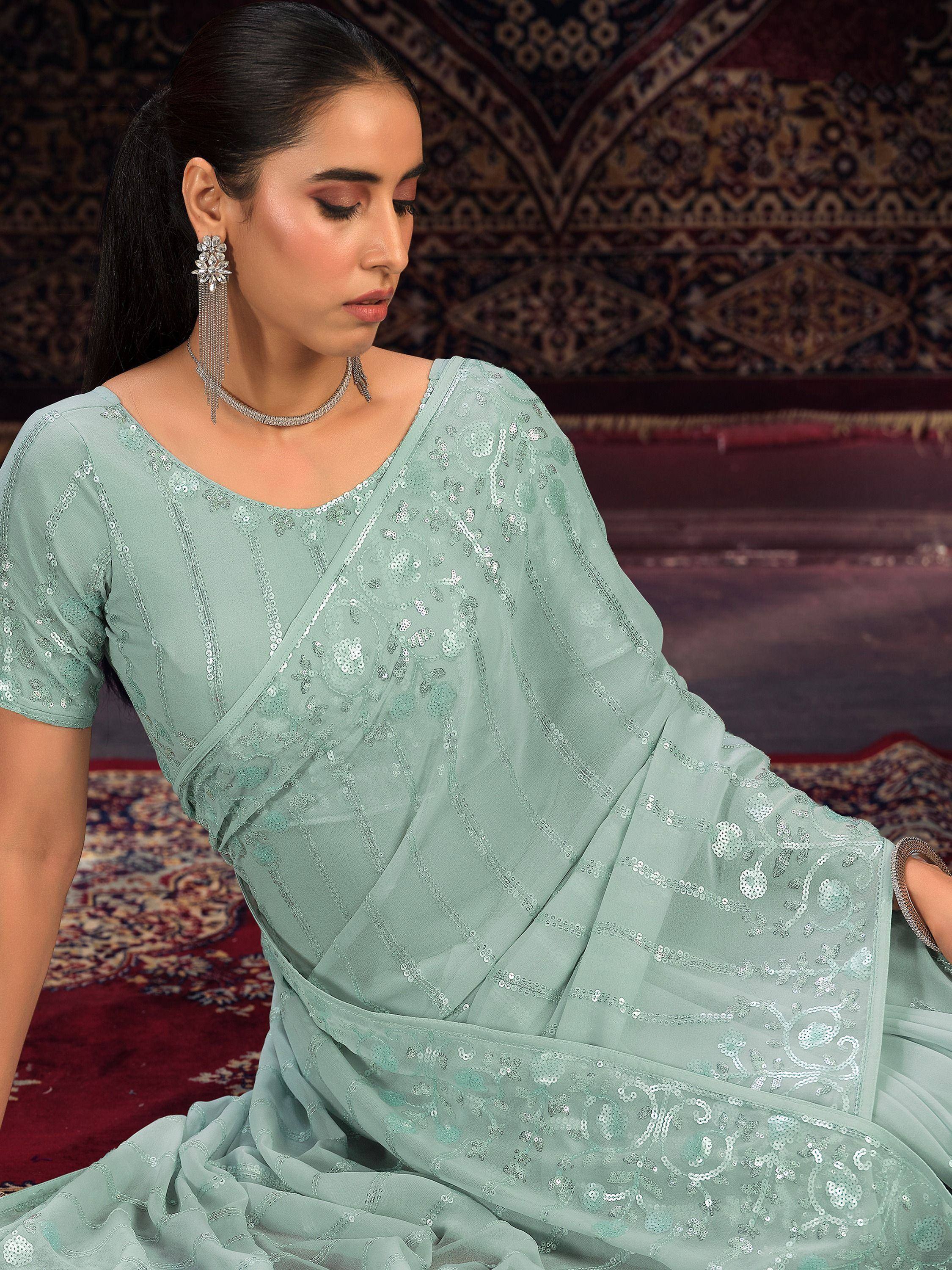 Mint green sequin-embellished saree with designer blouse, ethnic wear for women