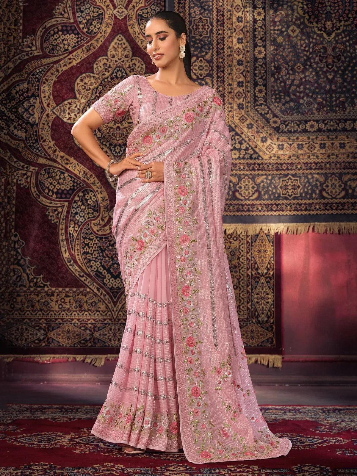Pink floral embroidered saree with sequin detailing, perfect for Indian ethnic occasions