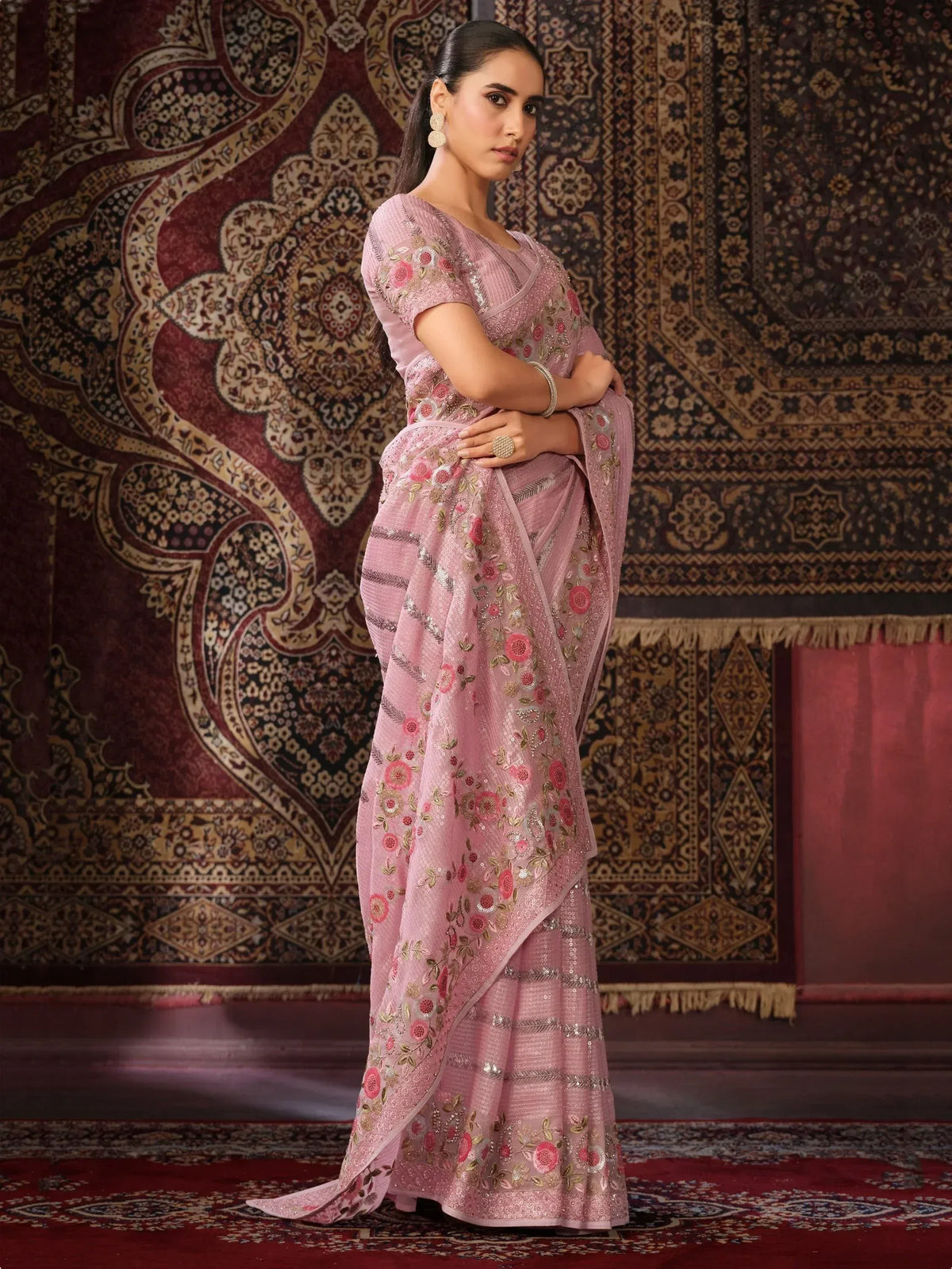 Pink floral embroidered saree with sequins, perfect for Indian ethnic wear occasions