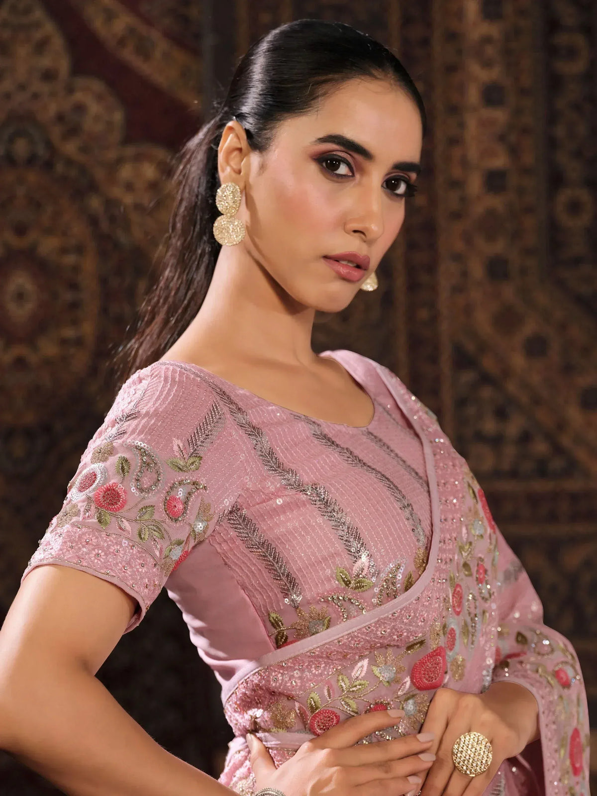 Pink embroidered saree with floral sequin work, perfect for Indian ethnic wear occasions