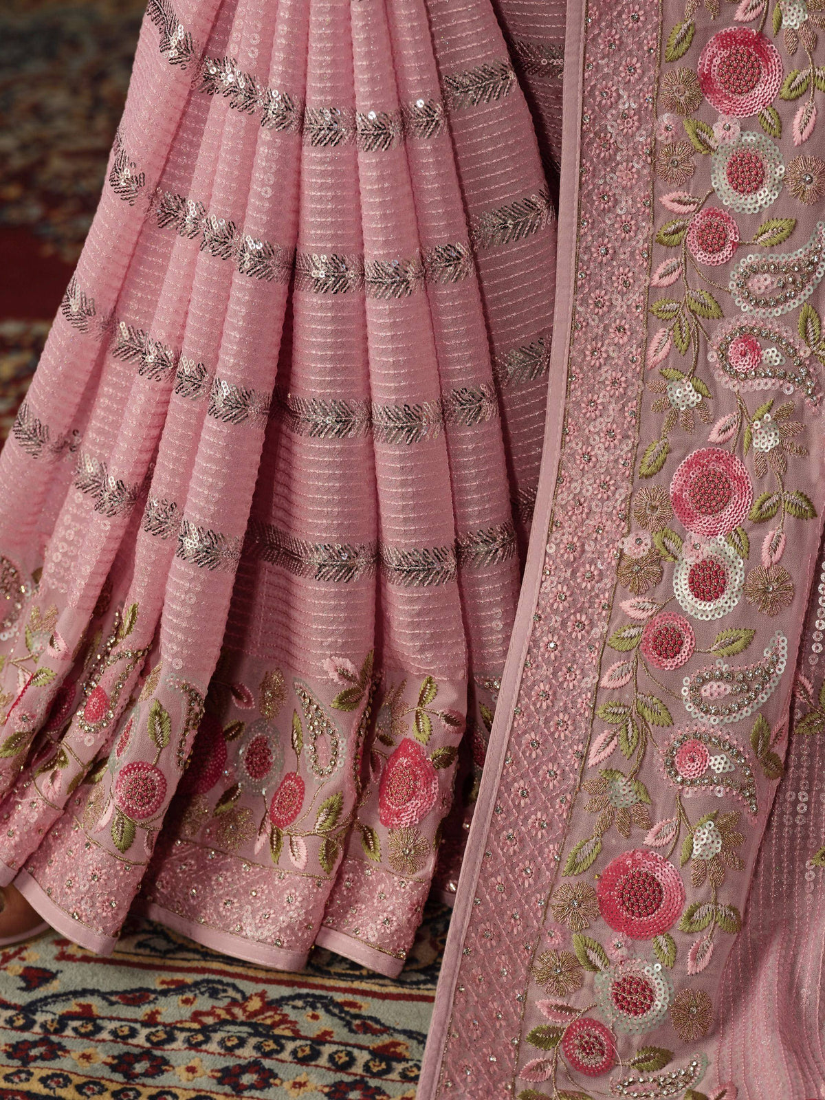 Pink embroidered lehenga choli with floral sequin work and pleated skirt, Indian ethnic wear