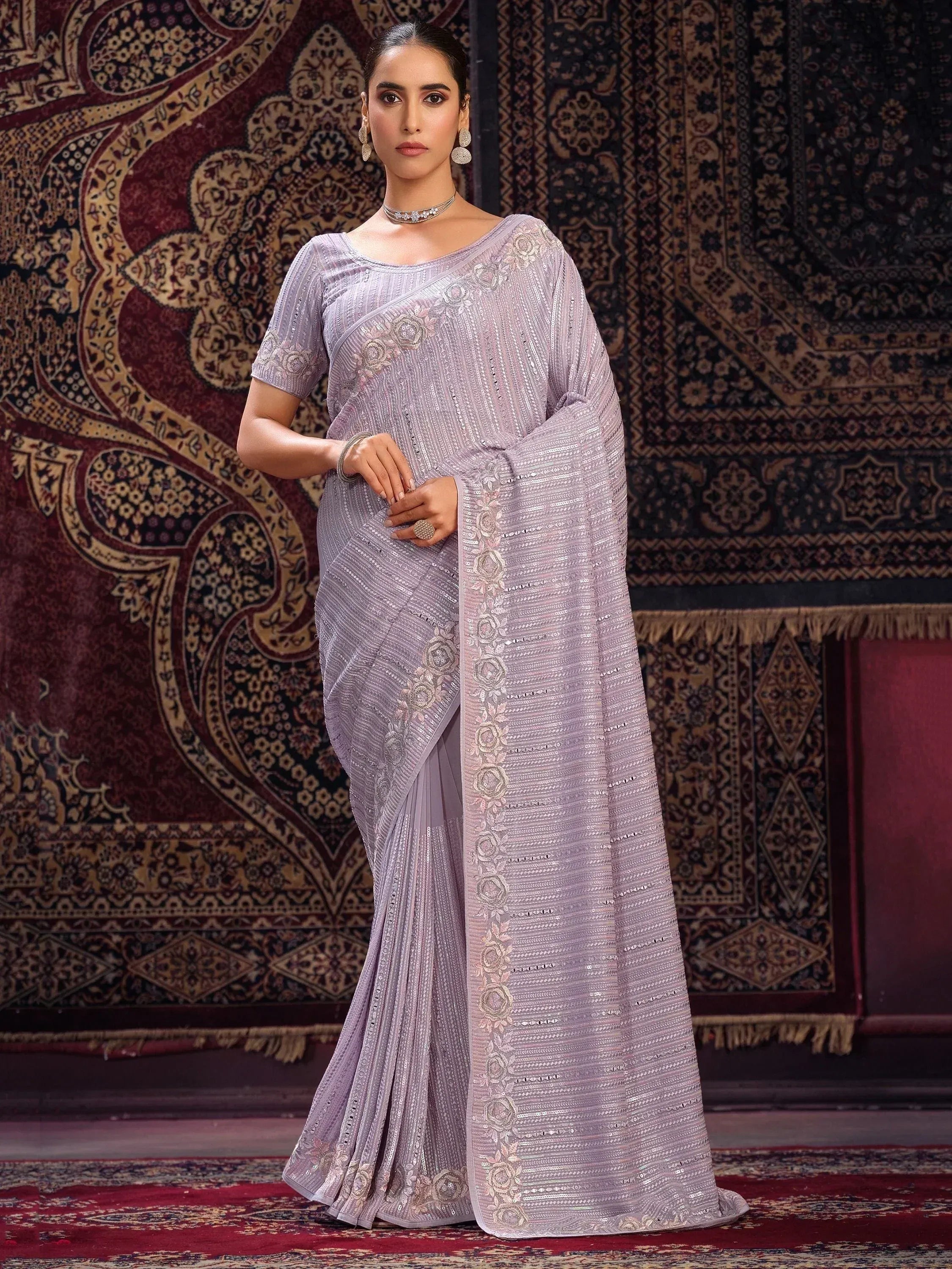 Lavender designer saree with floral embroidery and sequins, perfect for Indian ethnic wear occasions
