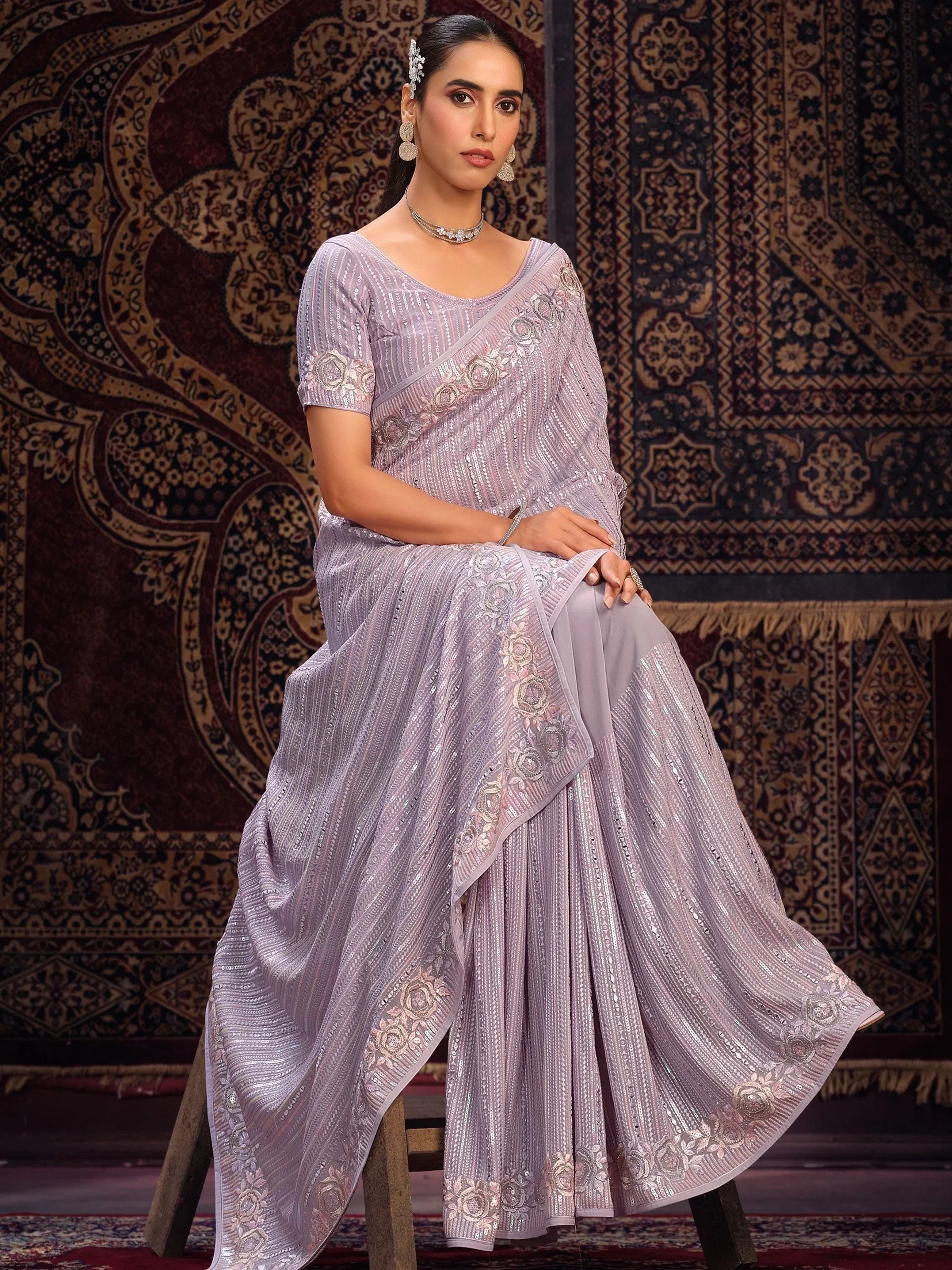 Beautiful Lavender Sequins Georgette Party Wear Saree With Blouse