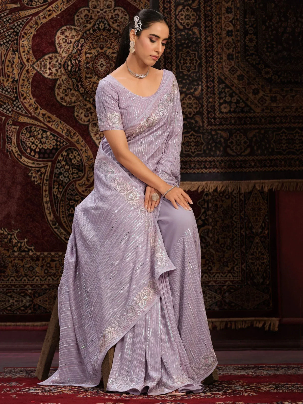 Lavender sequin saree with floral embroidery, perfect for Indian ethnic occasions