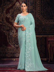 Pleasant Sea Green Sequins Georgette Engagement Wear Saree