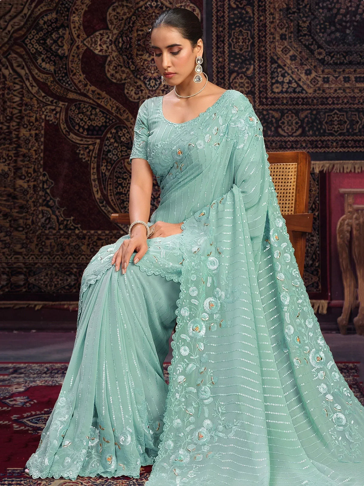 Mint green embroidered saree with floral sequin work, perfect for Indian ethnic occasions