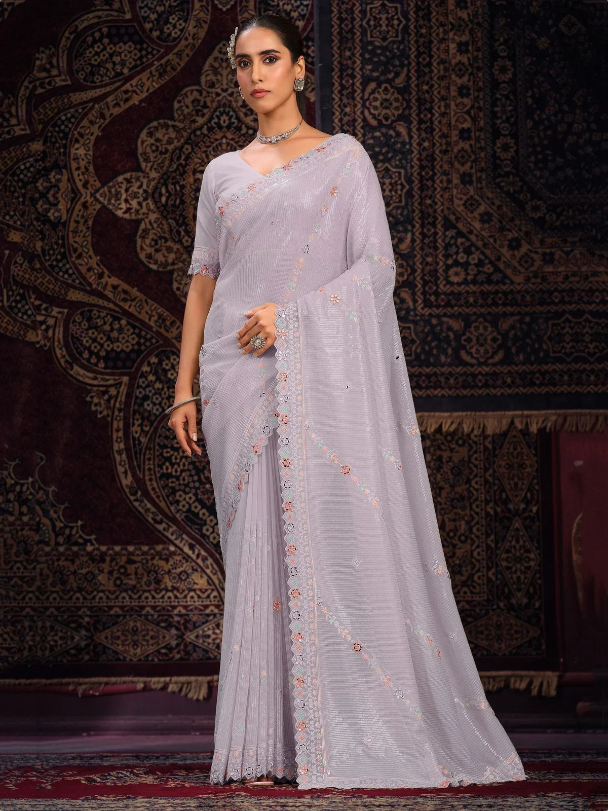 Lavender designer saree with floral embroidery and sequins, perfect for Indian ethnic occasions