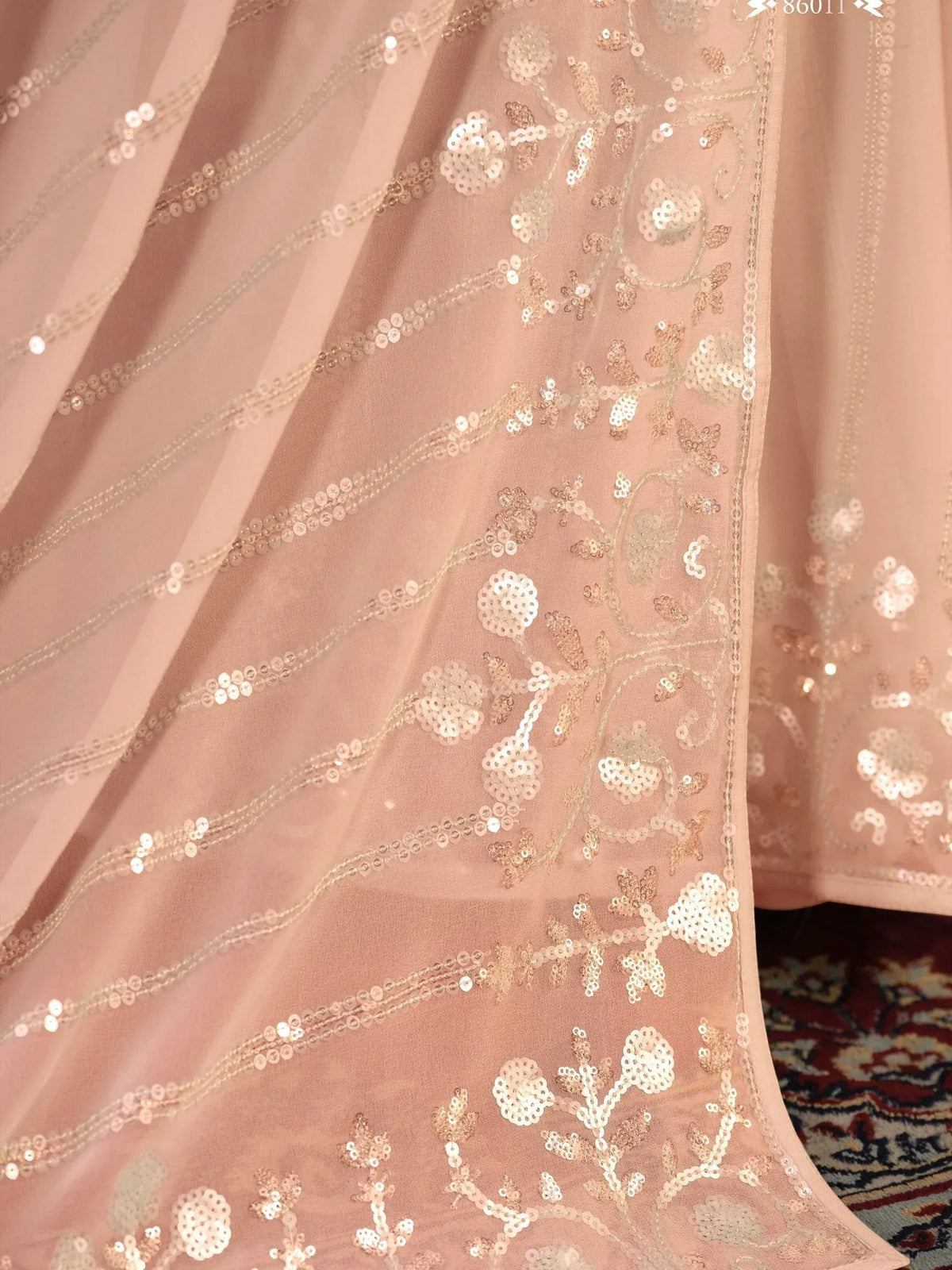Pink designer lehenga with gold sequin floral embroidery and sheer overlay detail