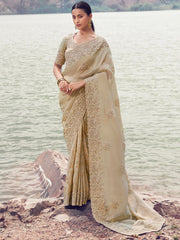 Attractive Beige Heavy Embroidered Silk Wedding Wear Saree With Blouse