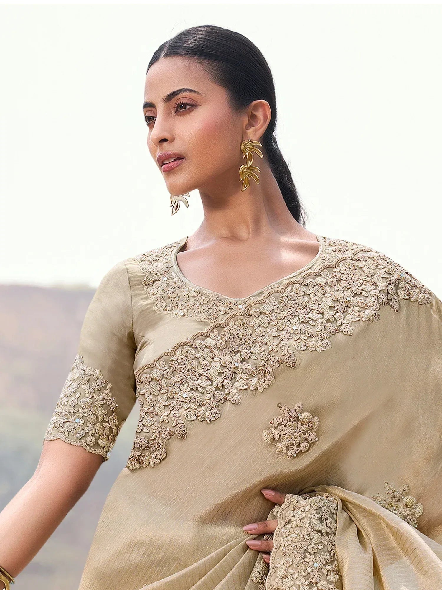 Attractive Beige Heavy Embroidered Silk Wedding Wear Saree With Blouse
