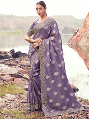 Awesome Purple Zari Embroidered Silk Festive Wear Saree With Blouse