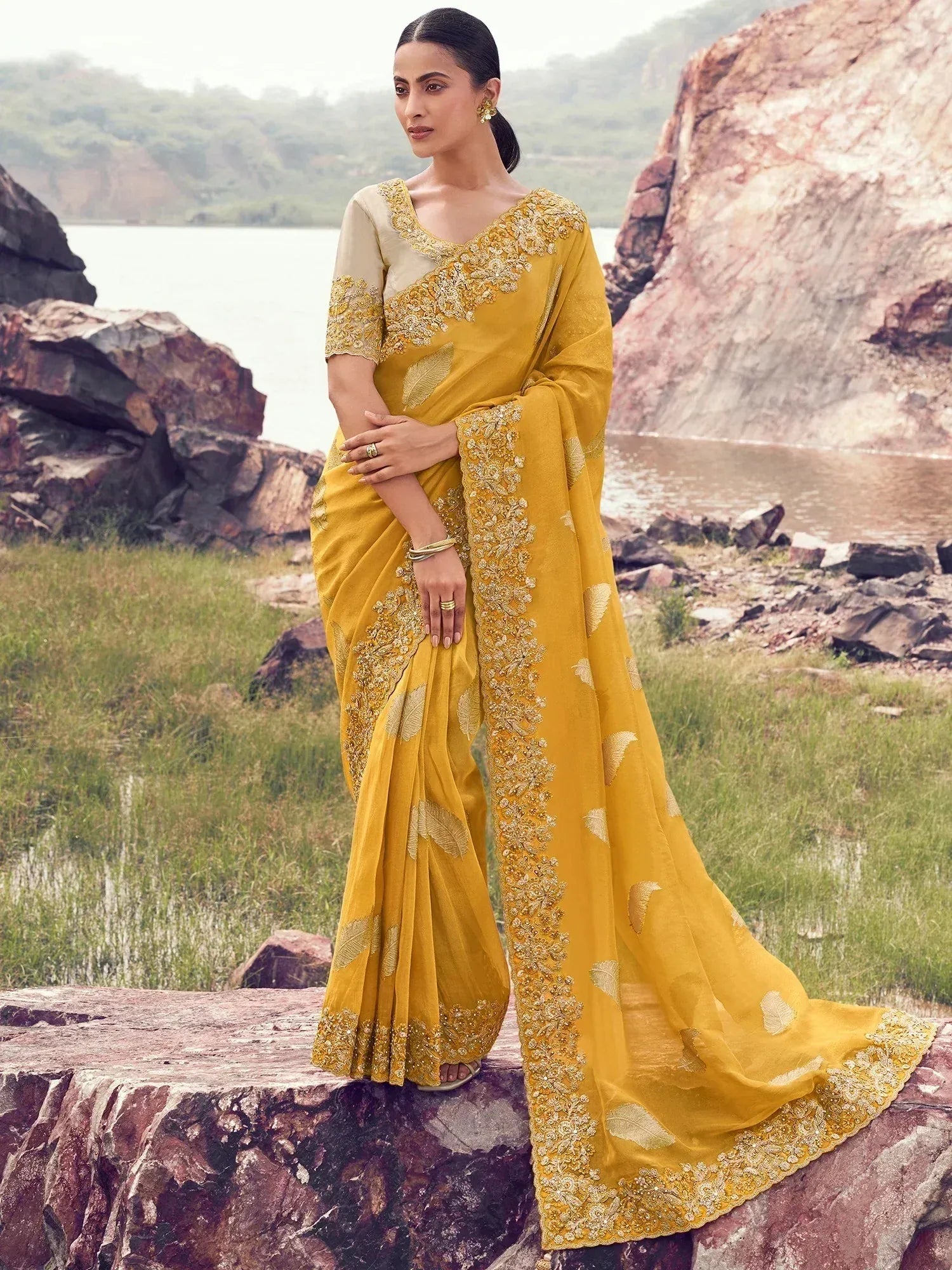 Glamorous Yellow Heavy Embroidered Silk Haldi Wear Saree With Blouse