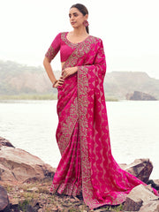 Gorgeous Pink Zari Weaving Silk Reception Wear Saree With Blouse