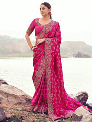 Gorgeous Pink Zari Weaving Silk Reception Wear Saree With Blouse