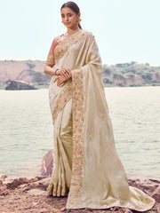 Captivating Beige Embroidered Silk Party Wear Saree With Blouse